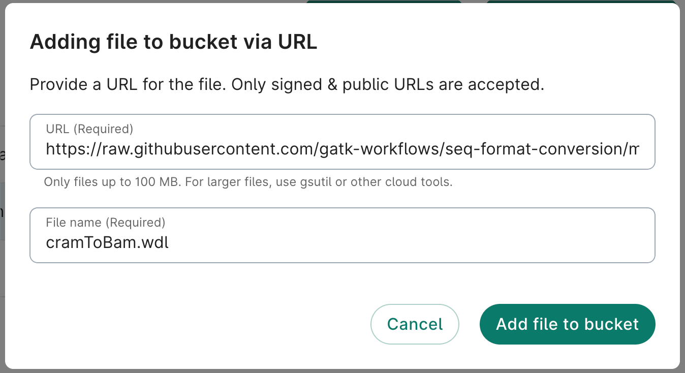 Screenshot of the 'Adding file to bucket via URL' dialog.