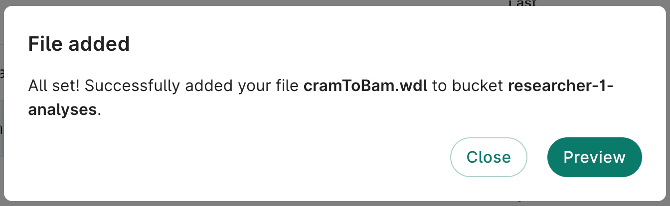Screenshot of the 'File added' confirmation dialog that appears after a file has successfully been added to a bucket.