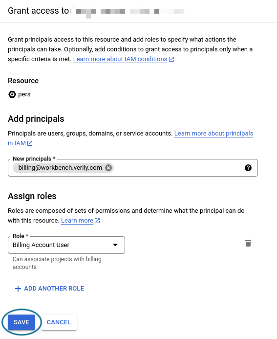 Screenshot of the Grant access dialog with Workbench added as a new principal and 'Save' button highlighted.