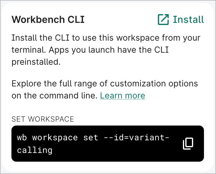 Screenshot of Workbench CLI panel showing terminal command to set a specified workspace on your local machine.