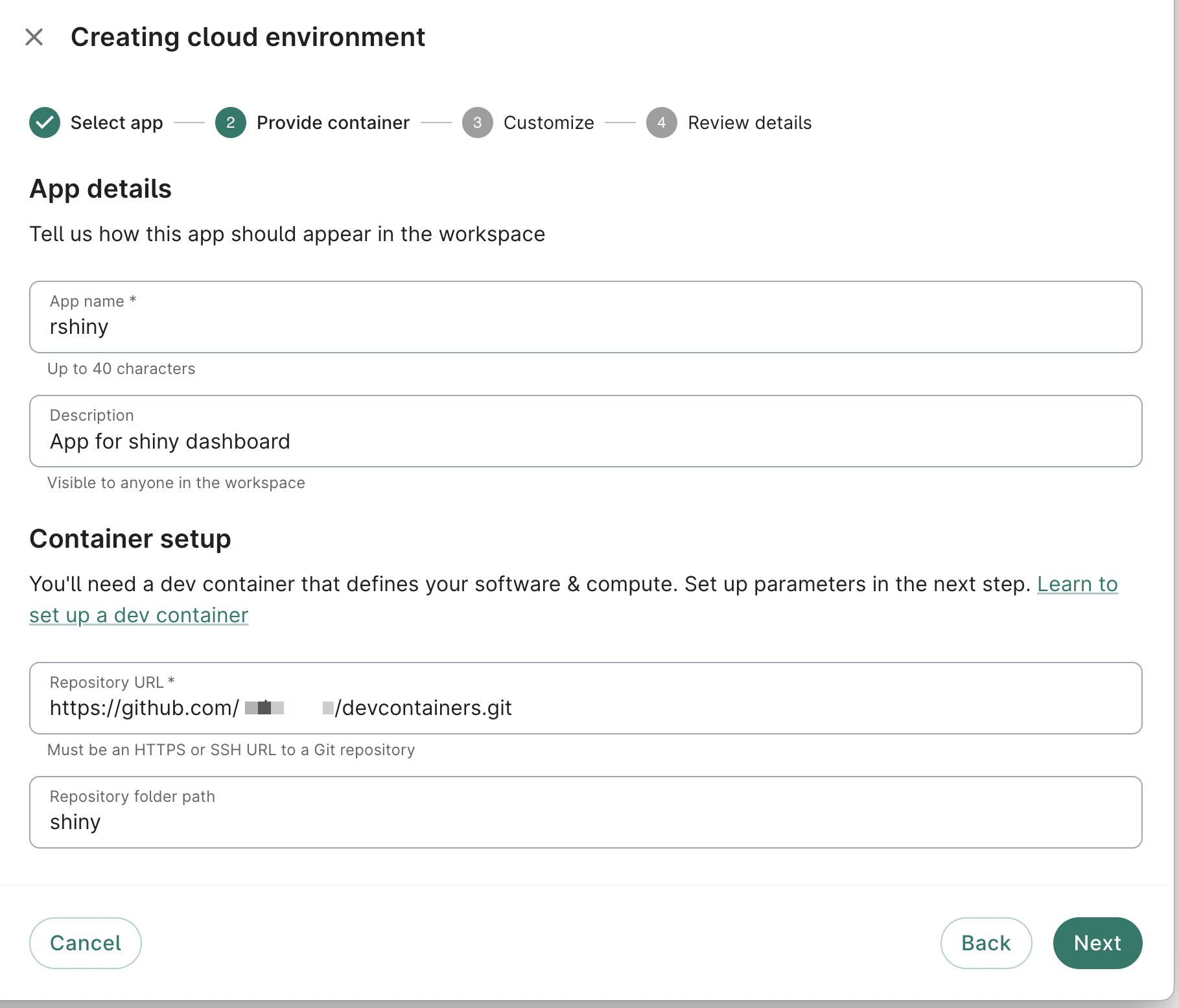 Screenshot of Provide container dialog where the 'rshiny' custom app is created, the second step when creating a new custom app.