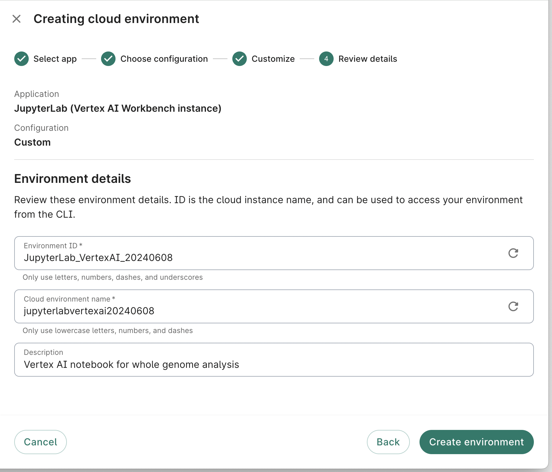 Screenshot of Review details dialog, the last step when creating a new app.