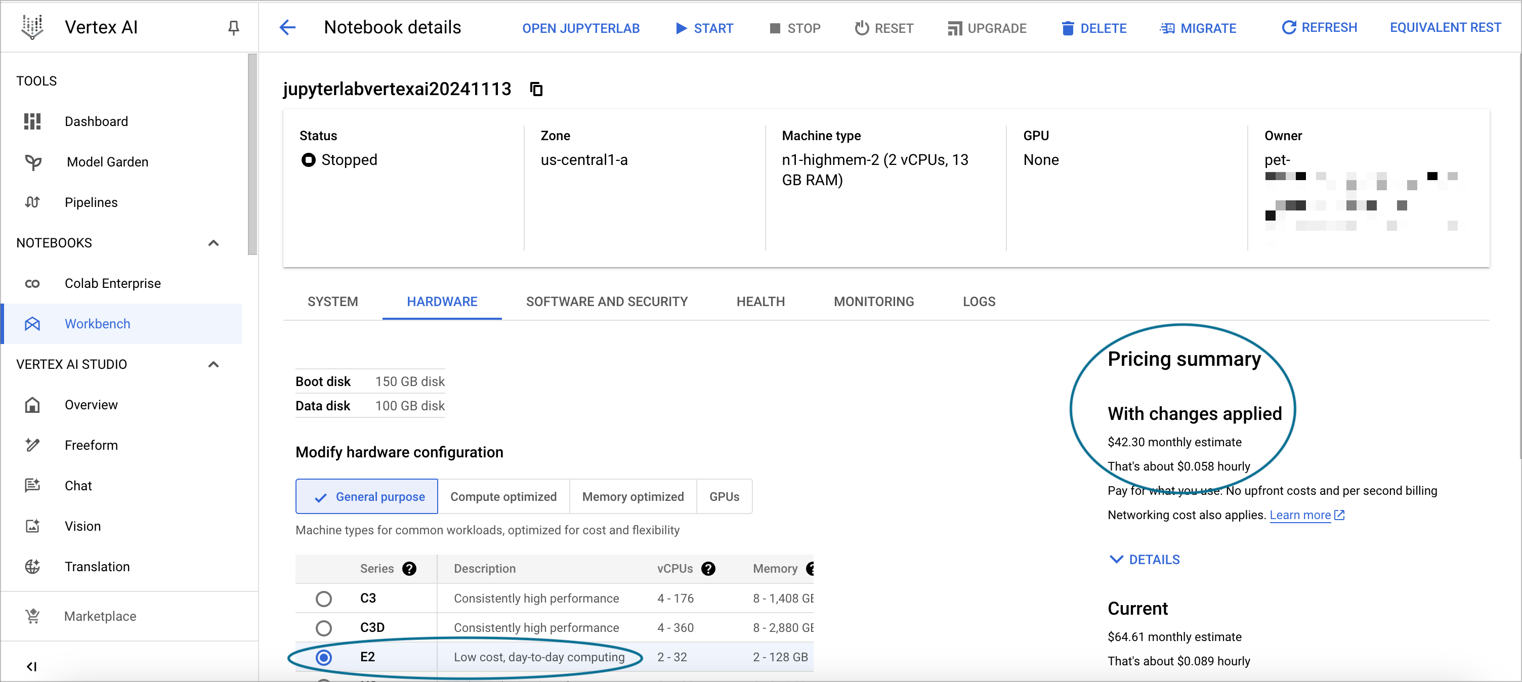 Screenshot of a Workbench app with its cost estimate highlighted in Google Cloud console.