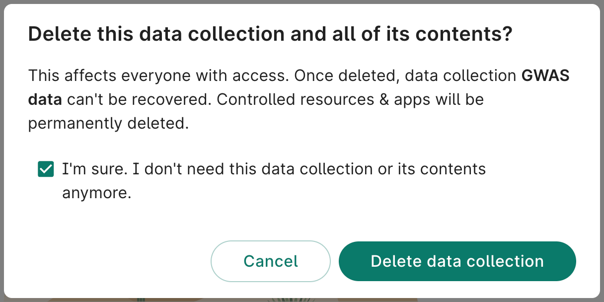 Screenshot of Delete data collection dialog.