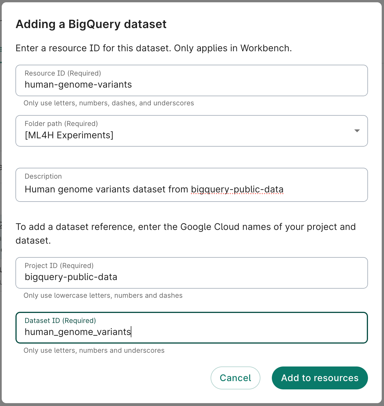 Screenshot of the Adding a BigQuery dataset dialog.