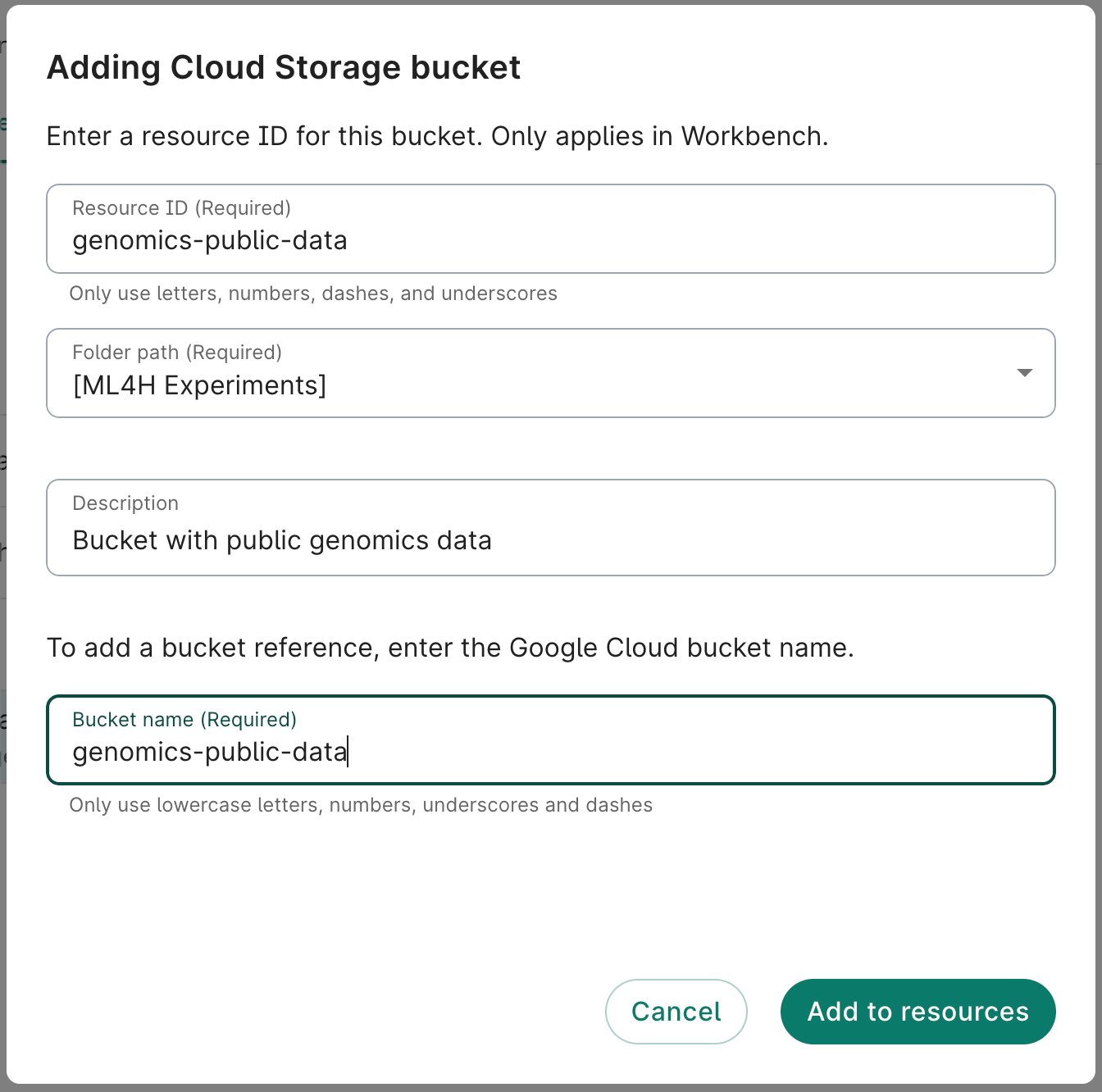 Screenshot of the Adding Cloud Storage bucket dialog