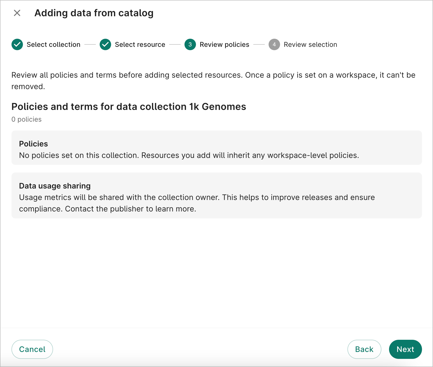 Screenshot of the Review policies dialog, the third step when adding a data collection from the data catalog.