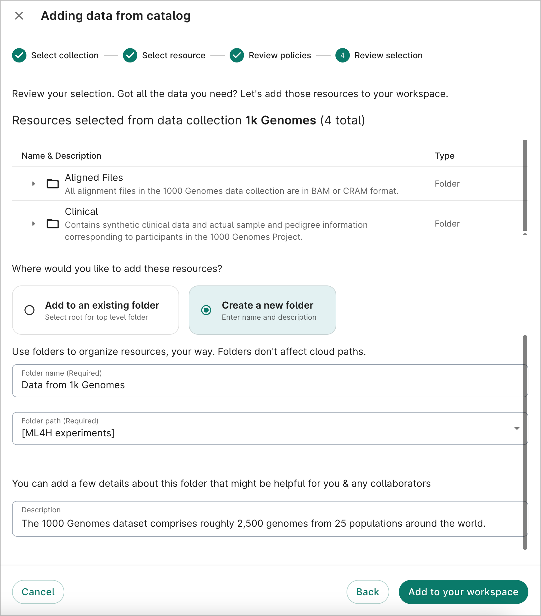 Screenshot of the Review selection dialog, the last step when adding a data collection from the data catalog.