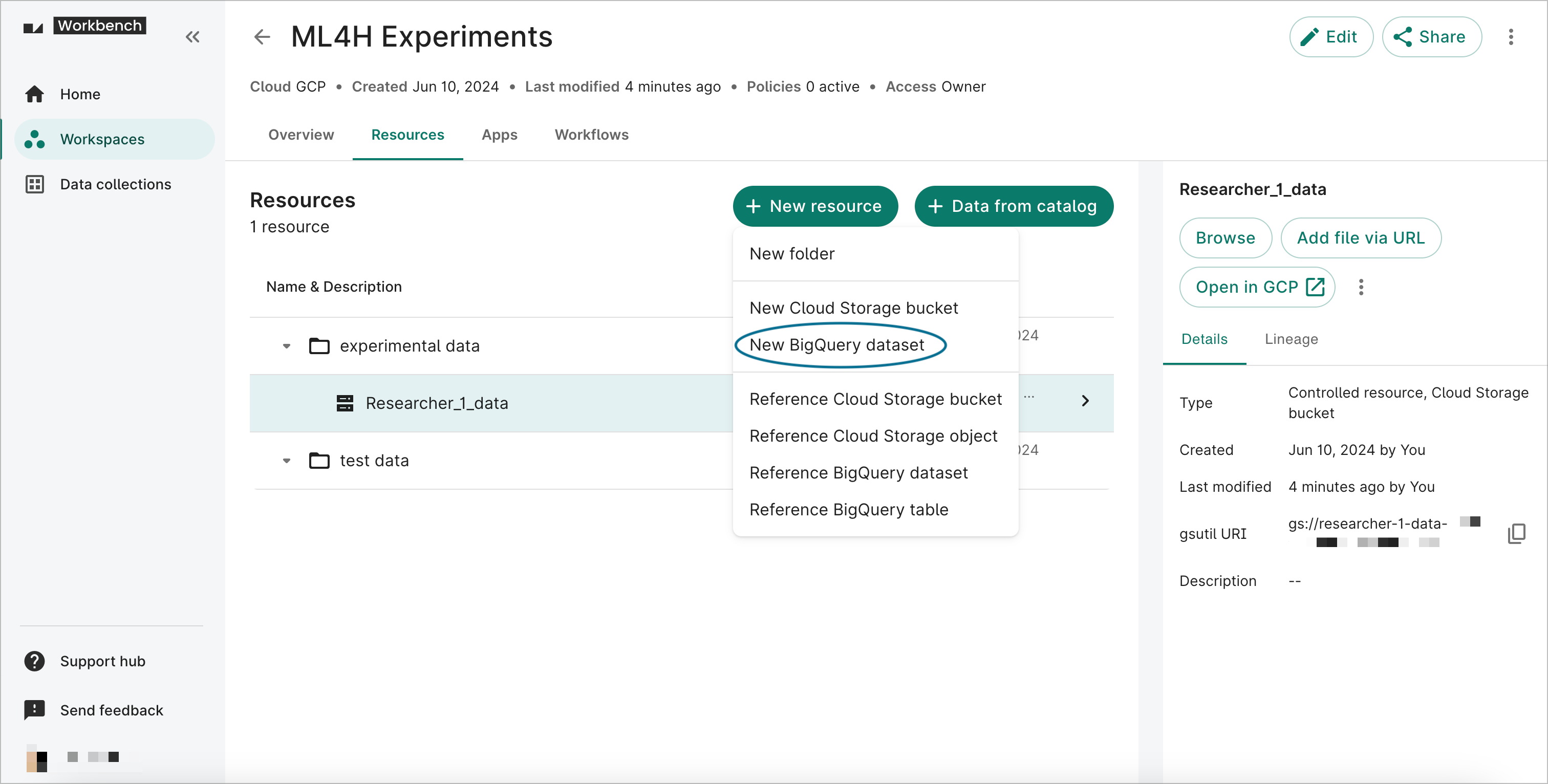 Screenshot of a workspace's Resources page, with the New BigQuery dataset option highlighted.