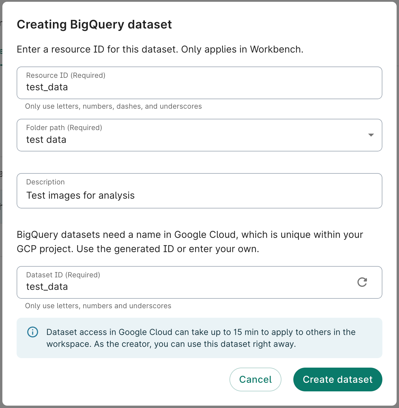 Screenshot of the Creating BigQuery dataset dialog.