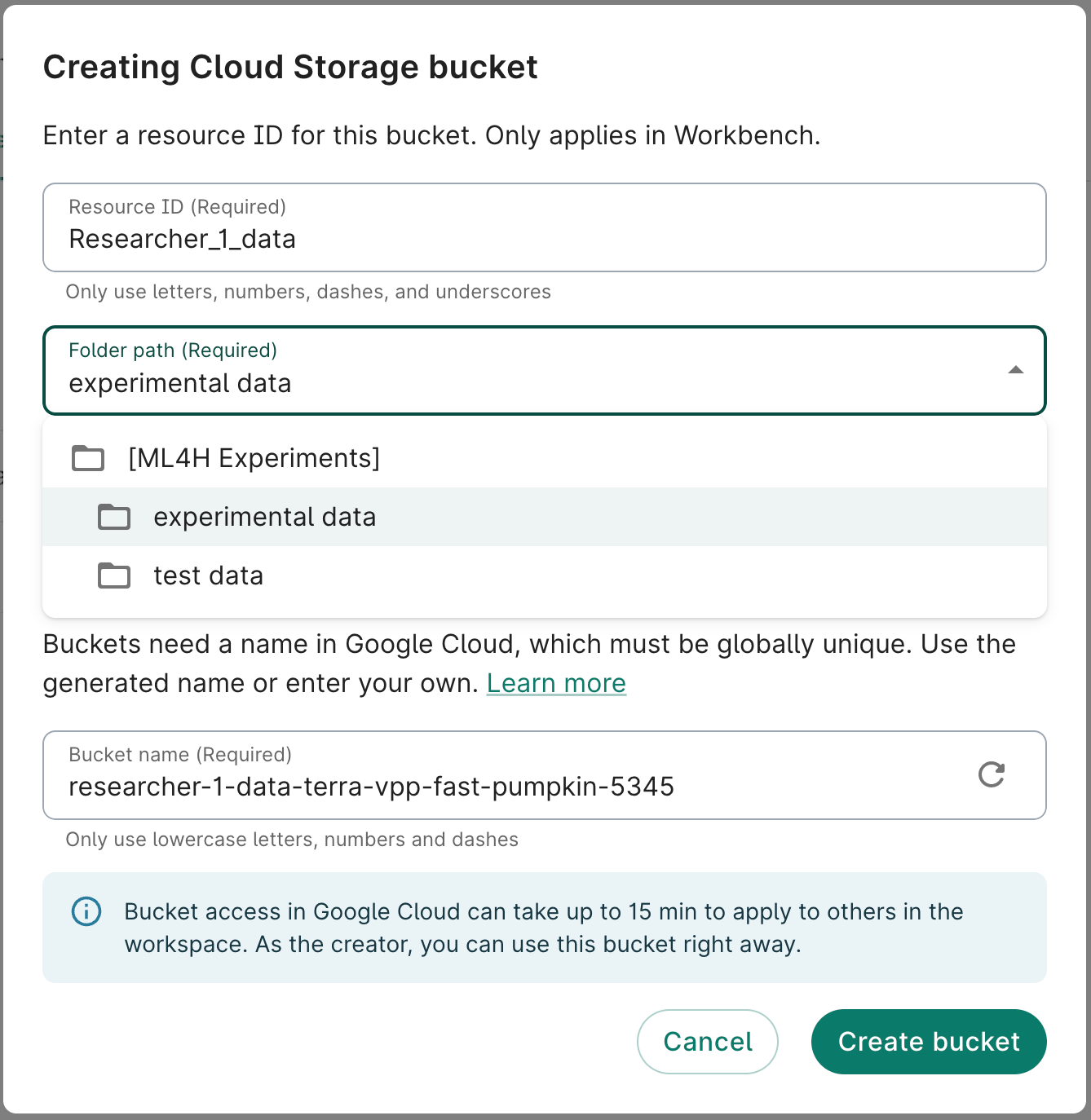 Screenshot of the Creating Cloud Storage bucket dialog, showing the folder path for the newly created bucket.