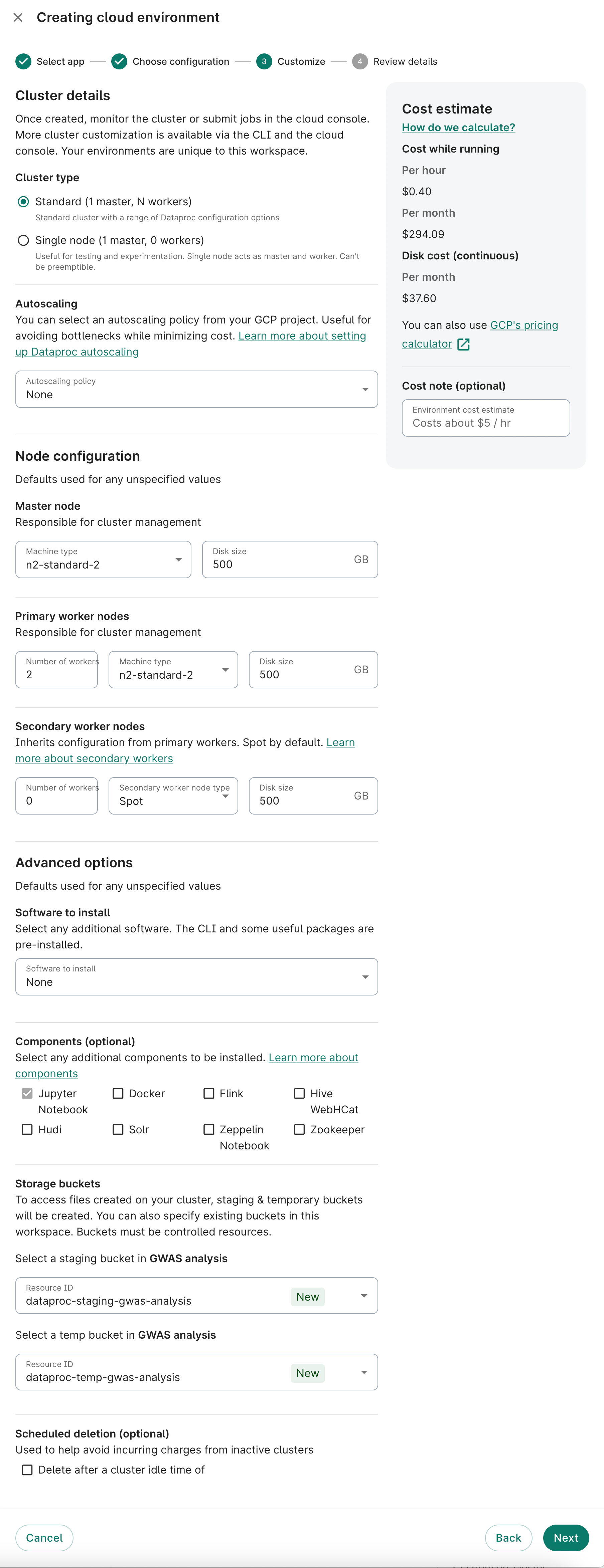 Screenshot of Customize dialog, the third step when creating an app, showing all of the cluster and node options you can customize.