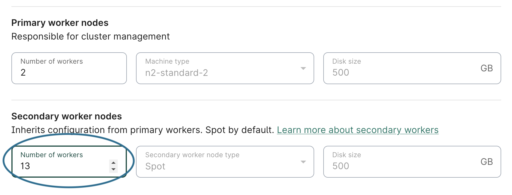 Screenshot of Node configuration section in Customize dialog, highlighting the configurable 'Number of workers' field in 'secondary worker nodes' subsection.