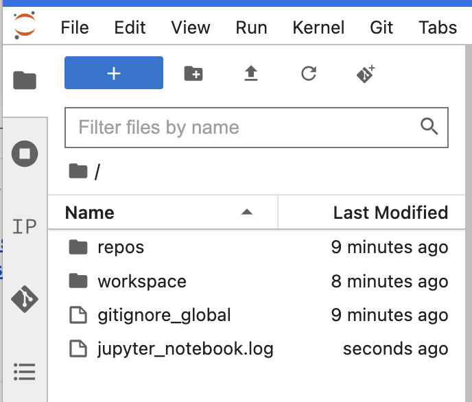 Screenshot of JupyterLab file navigator showing list of files including 'repos' and 'workspace' subdirectories.