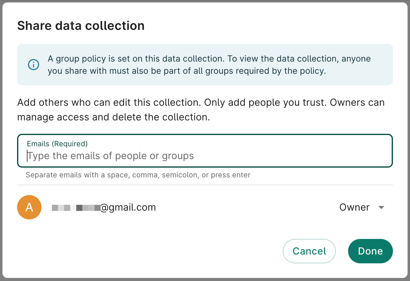 Screenshot of Share data collection dialog, showing an alert that the data collection has a group policy.