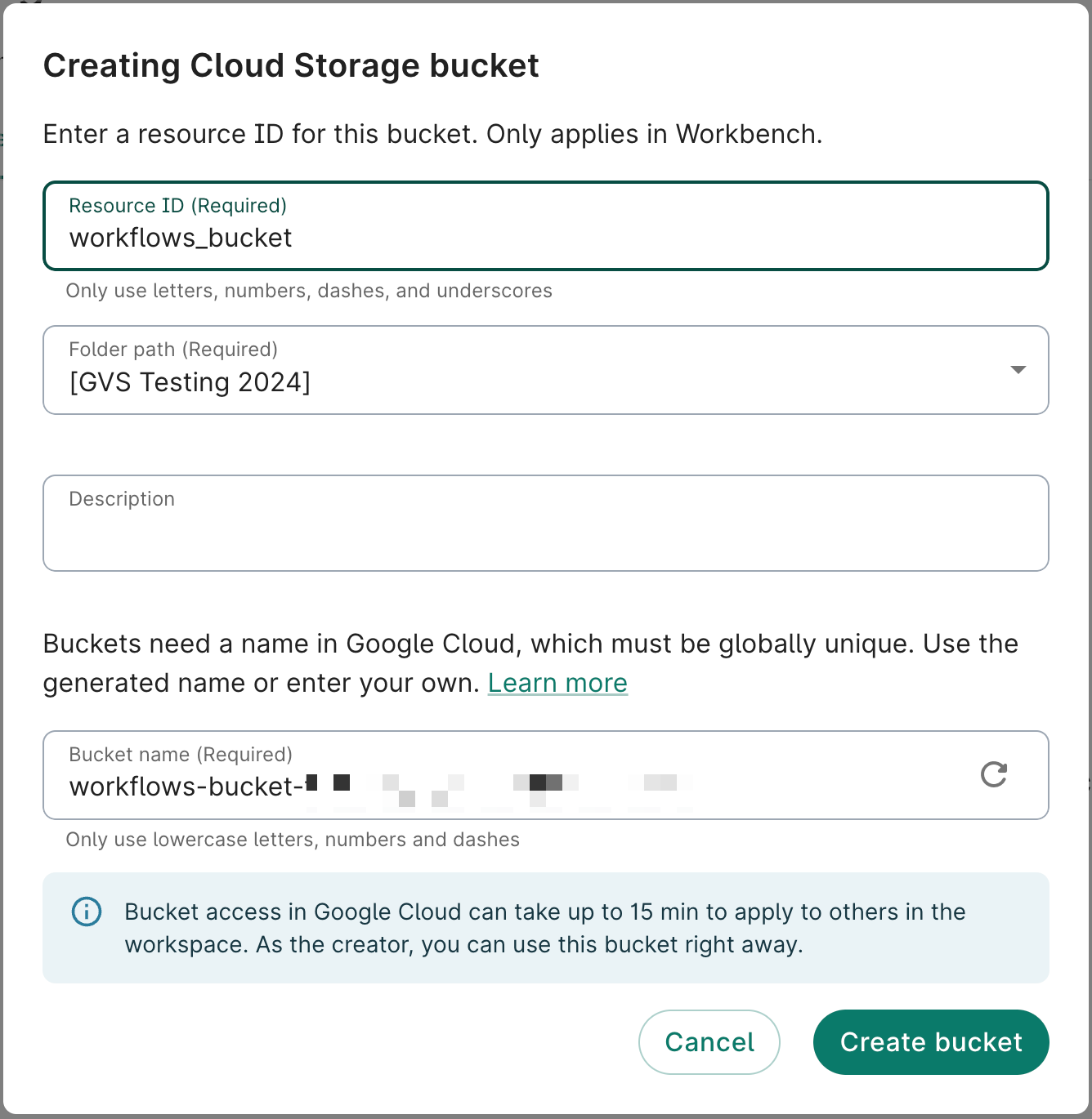 Screenshot showing dialog for adding a Cloud Storage bucket.