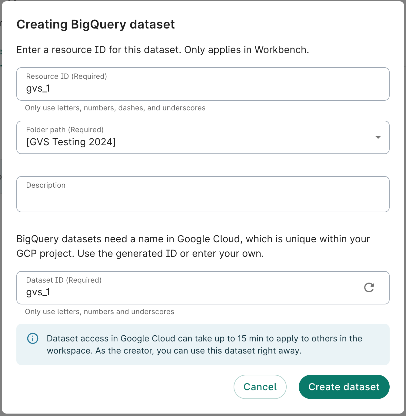 Screenshot showing dialog for adding a BigQuery dataset.