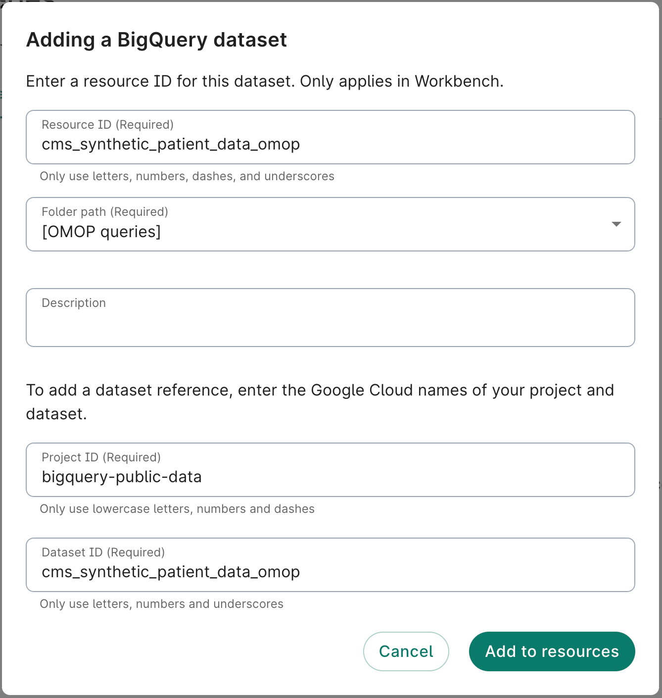 Screenshot of 'Adding a BigQuery dataset' dialog.