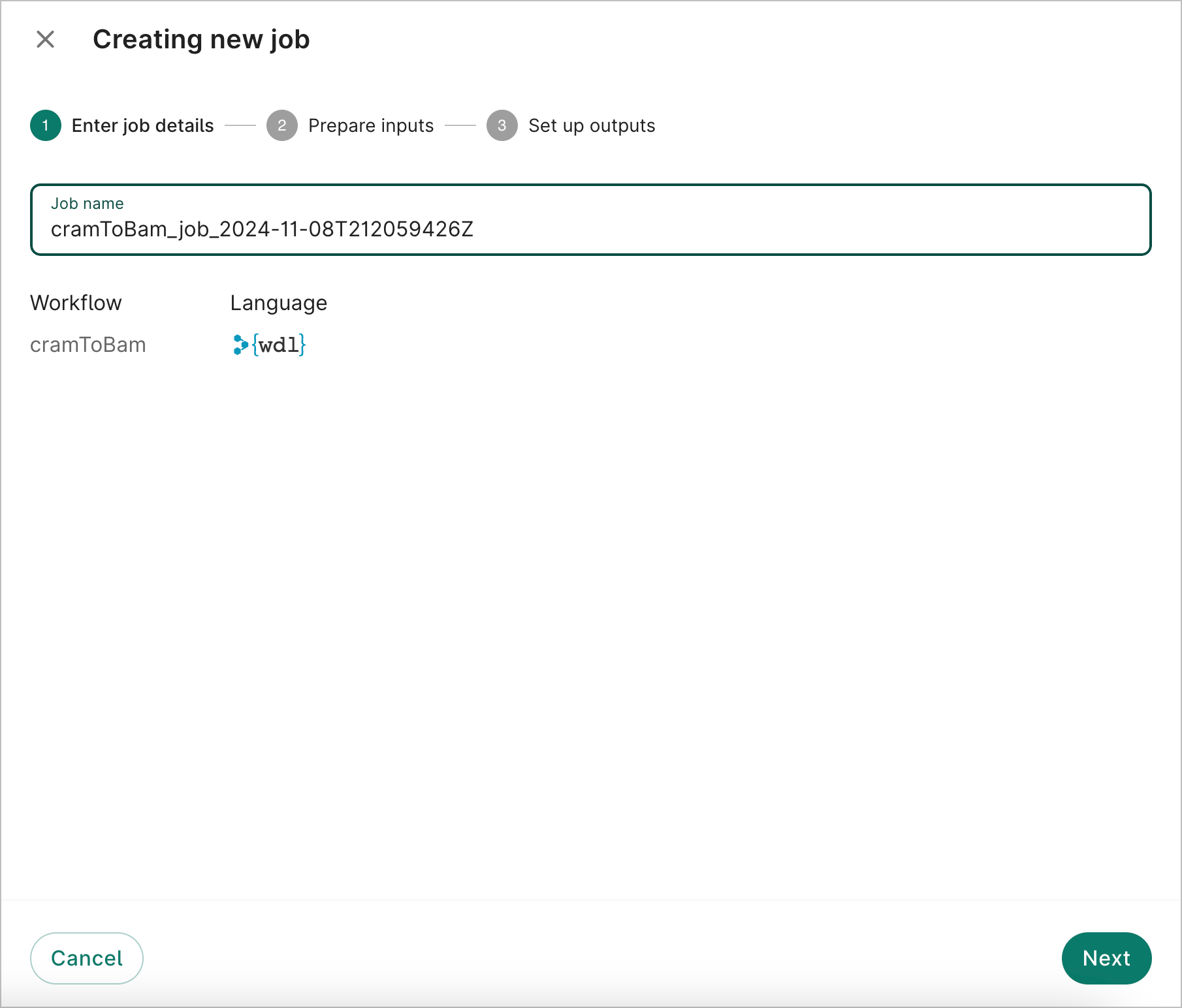 Screenshot of Enter job details dialog, the first step when creating a new job.