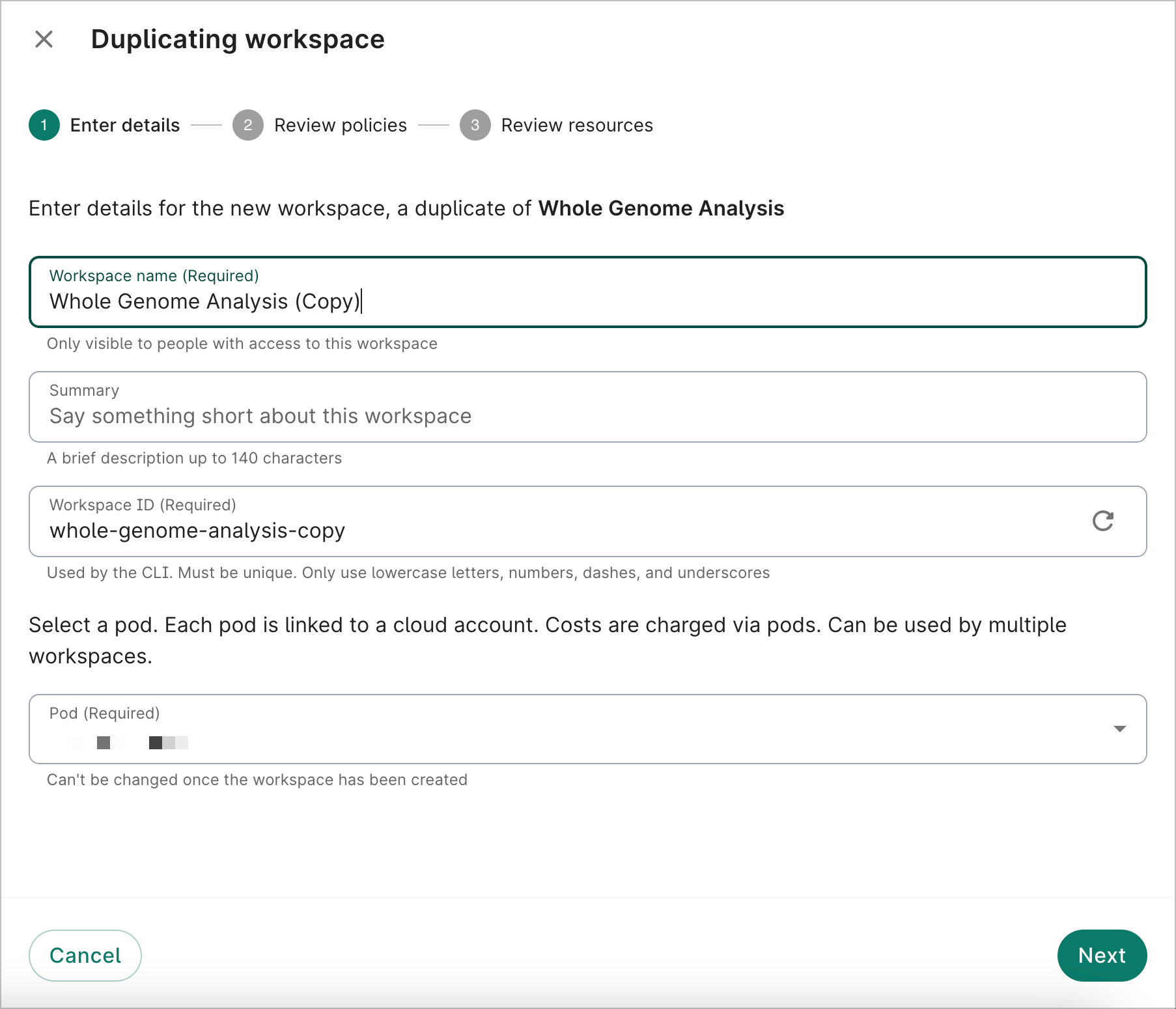 Screenshot of Enter details dialog, the first step when duplicating a workspace.